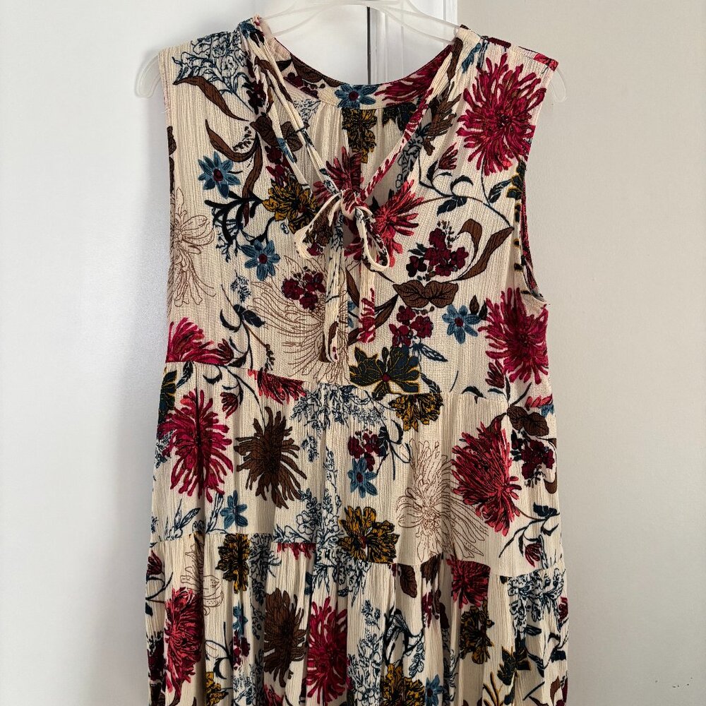 Easel Floral Babydoll Blouse Tie Neck Cream Jewel Tone Boho Top Size L